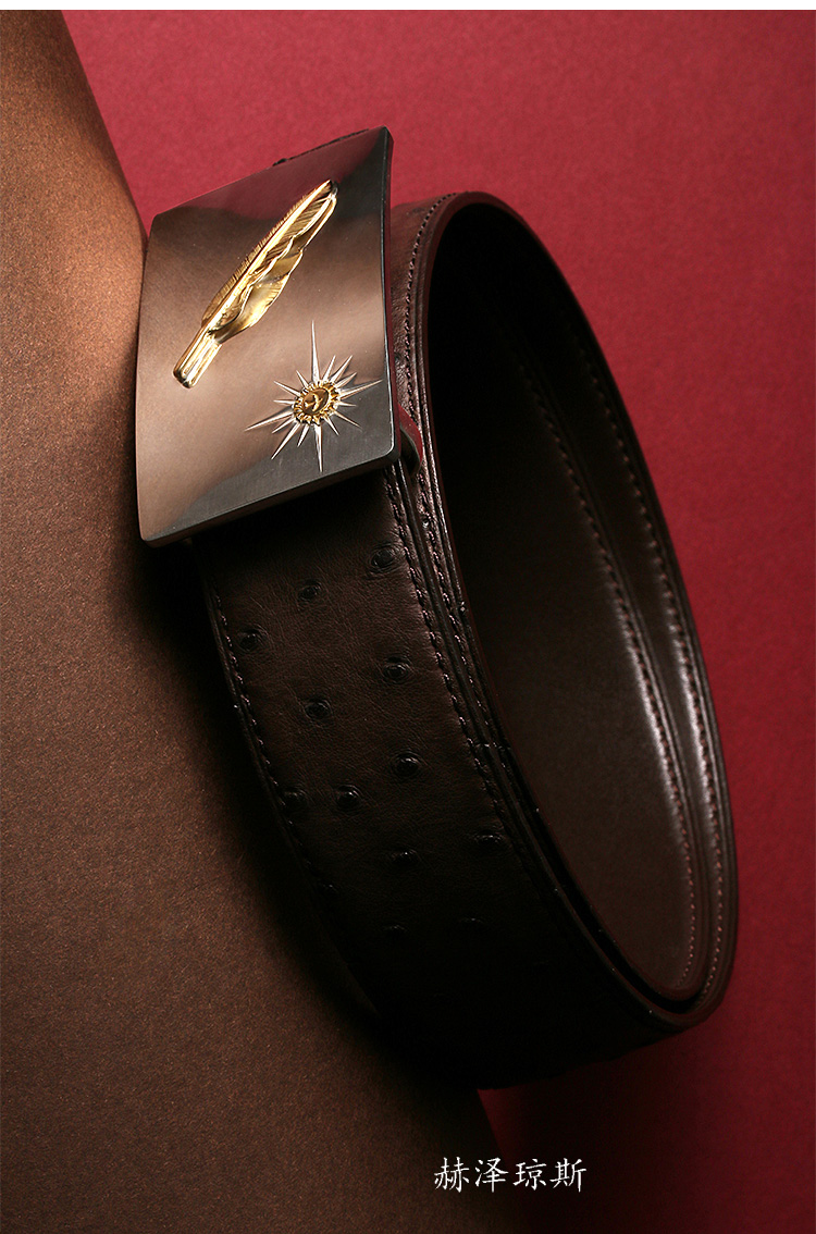 赫泽琼斯hezzjons18k黄金腰带金羽毛纯999足银土豪皮带头真鸵鸟皮简约
