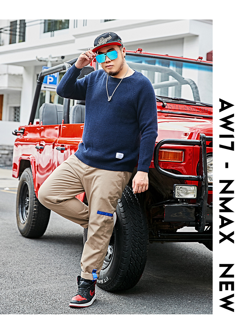 nmax大码男装潮牌加肥加大纯棉毛衣胖子宽松圆领套头线衣针织衫
