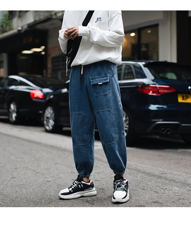 19春上新 日系潮流小口袋宽松哈伦牛仔裤帅气男生缩口九分牛仔裤 颜旭