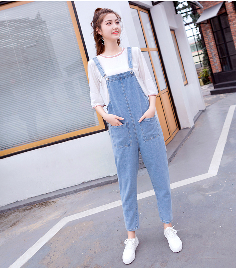 牛仔背带裤女2018春夏新款森女韩版宽松学生可爱连体九分吊带裤潮
