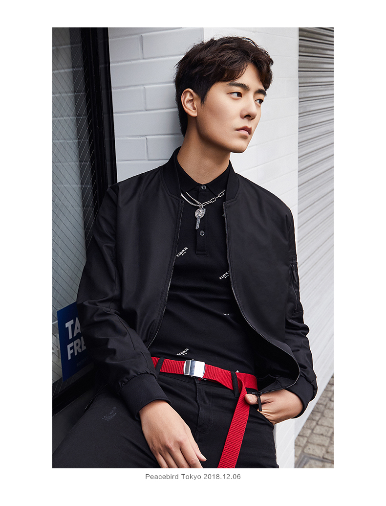 【太平鸟(peacebird)男士夹克】 太平鸟男装黑色夹克男刺绣潮夹克衫贴