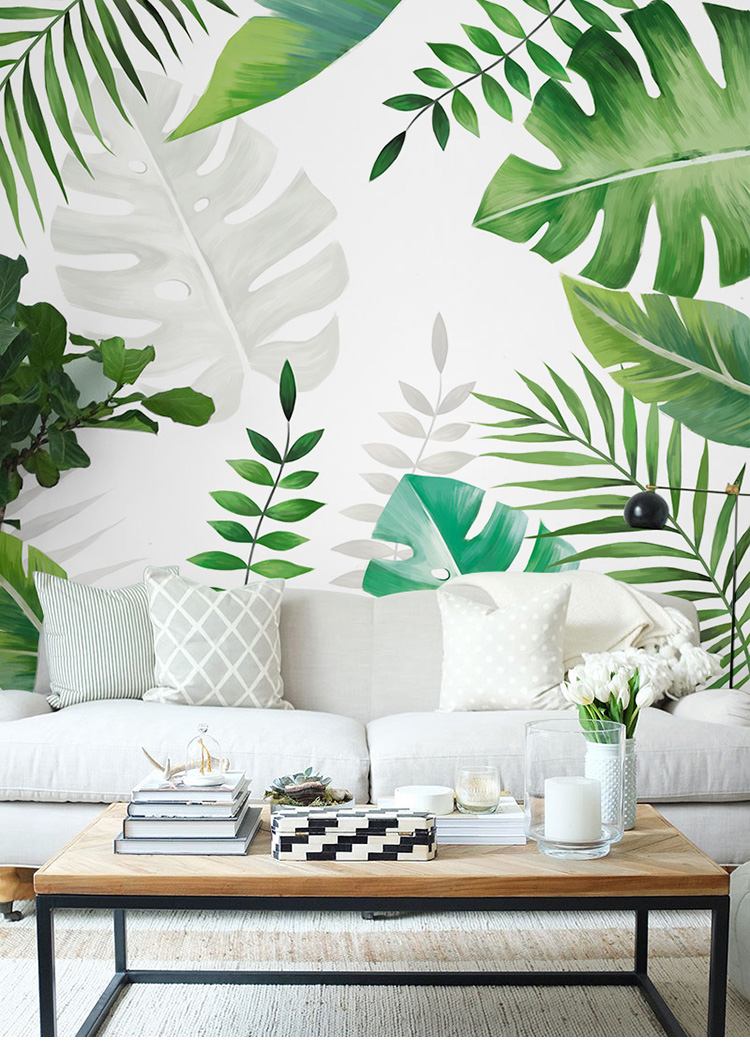 北欧火烈鸟墙纸热带雨林电视背景墙壁画餐厅手绘壁纸绿色植物墙布壹德