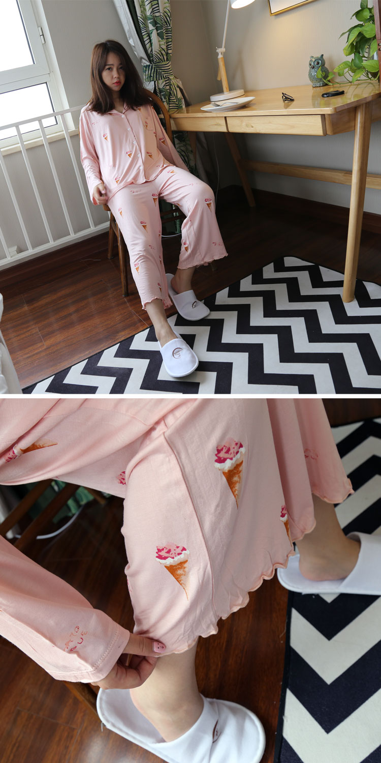 甜筒冰淇淋莫代尔睡衣长袖开扣衬衫式宽松韩版薄款女秋家居服