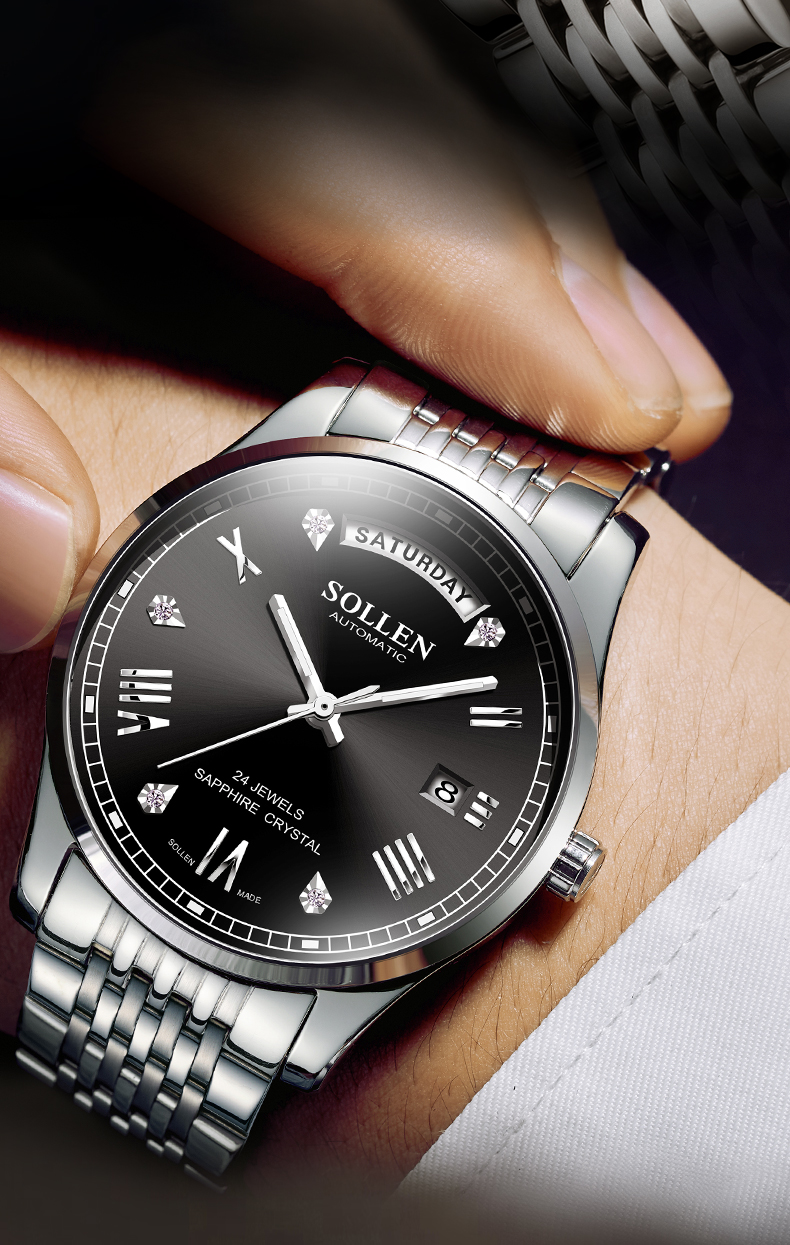 梭伦sollen手表男镂空超薄自动机械表防水时尚学生国产十大品牌新款