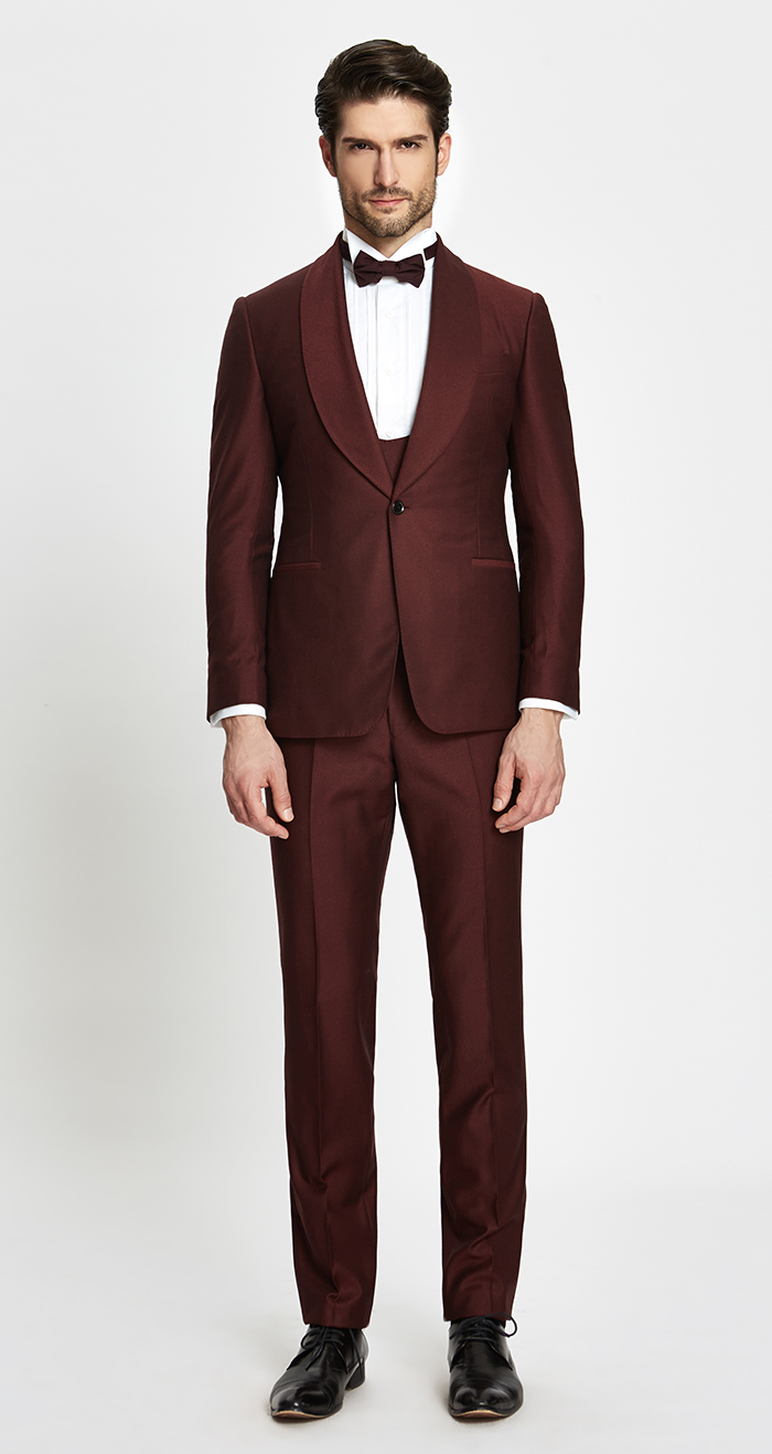 阳光定制61100羊毛青果领礼服酒红男式三件套商务休闲套西