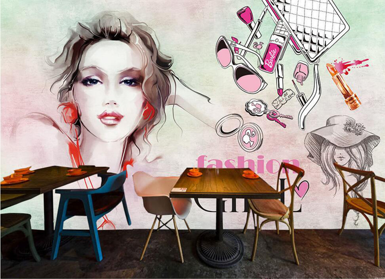 个性水彩手绘喷画时尚女孩墙纸沙背景美甲店服装店美美容壁纸壹德壹