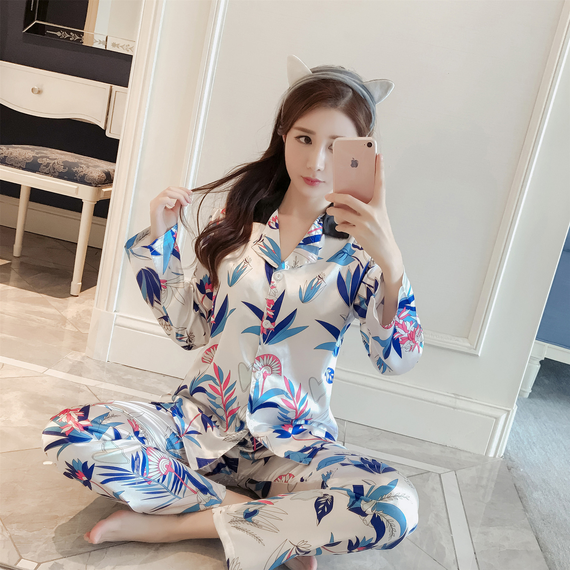 明星刘涛同款安迪睡衣印花仿真丝衬衫家居服女秋季长袖套装