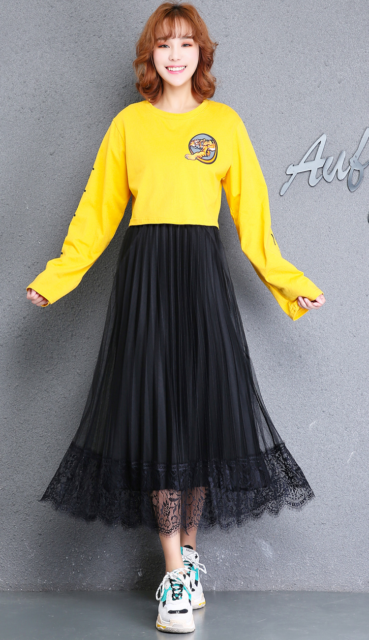 安碧琳新款韩版高腰双面穿金丝绒百褶裙蕾丝拼接半身中长裙