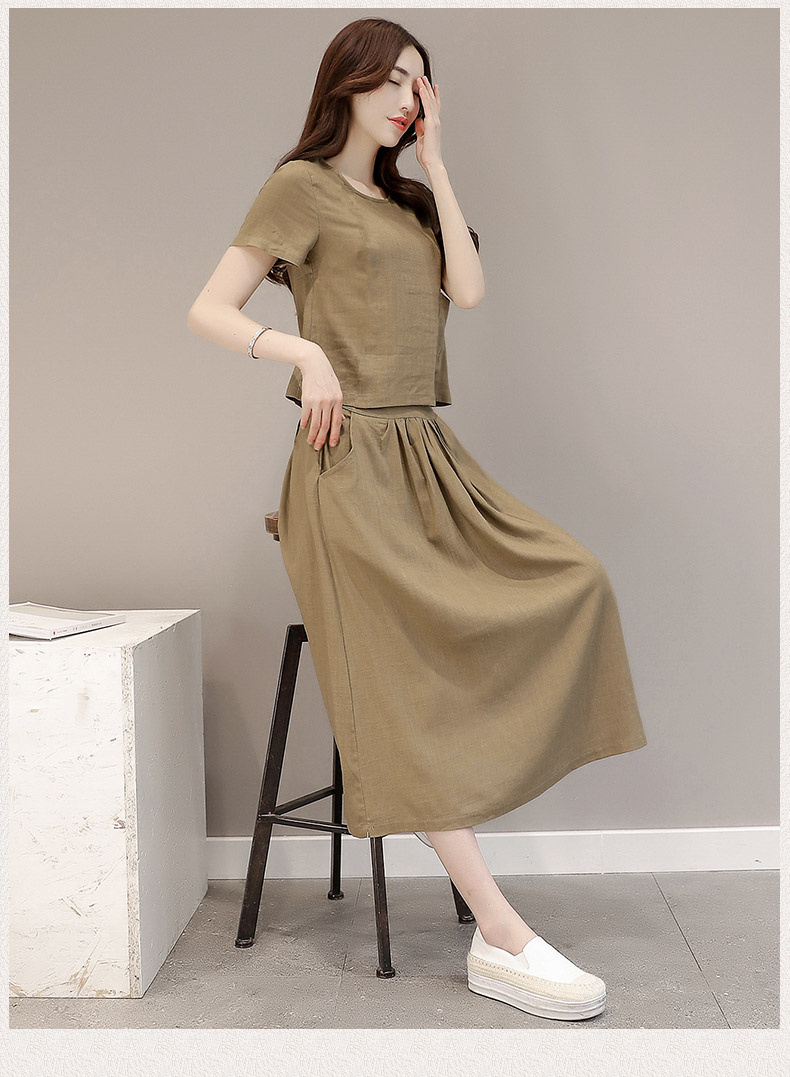 mtiny棉麻夏亚麻女套装裙两件套韩版中长款文艺复古女装短袖连衣裙