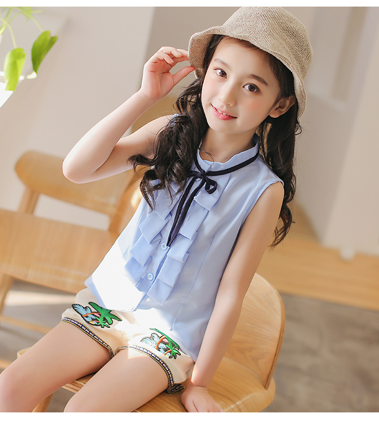 儿童套装2018夏季新款女童套装中大童雪纺短袖短裤两件套运动套装