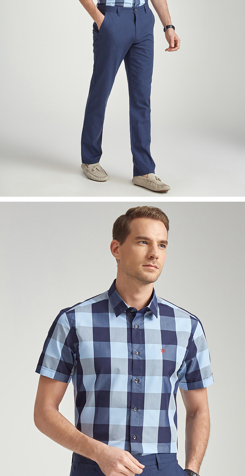 富绅(virtue)男士衬衫 富绅美式简约格子衬衫男短袖方领时尚休闲衬衣