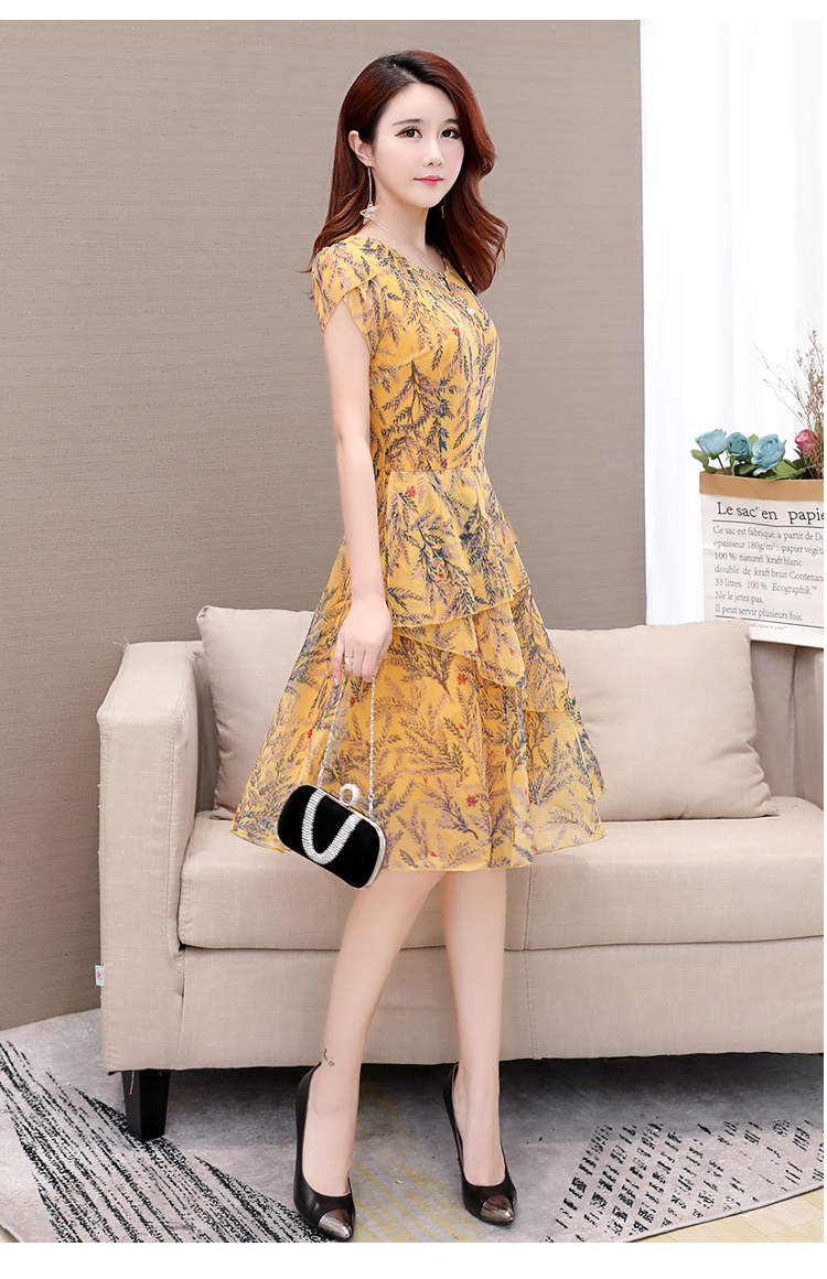 夏装新款中年女人妈妈装夏天裙子中长款印花修身显瘦雪纺连衣裙