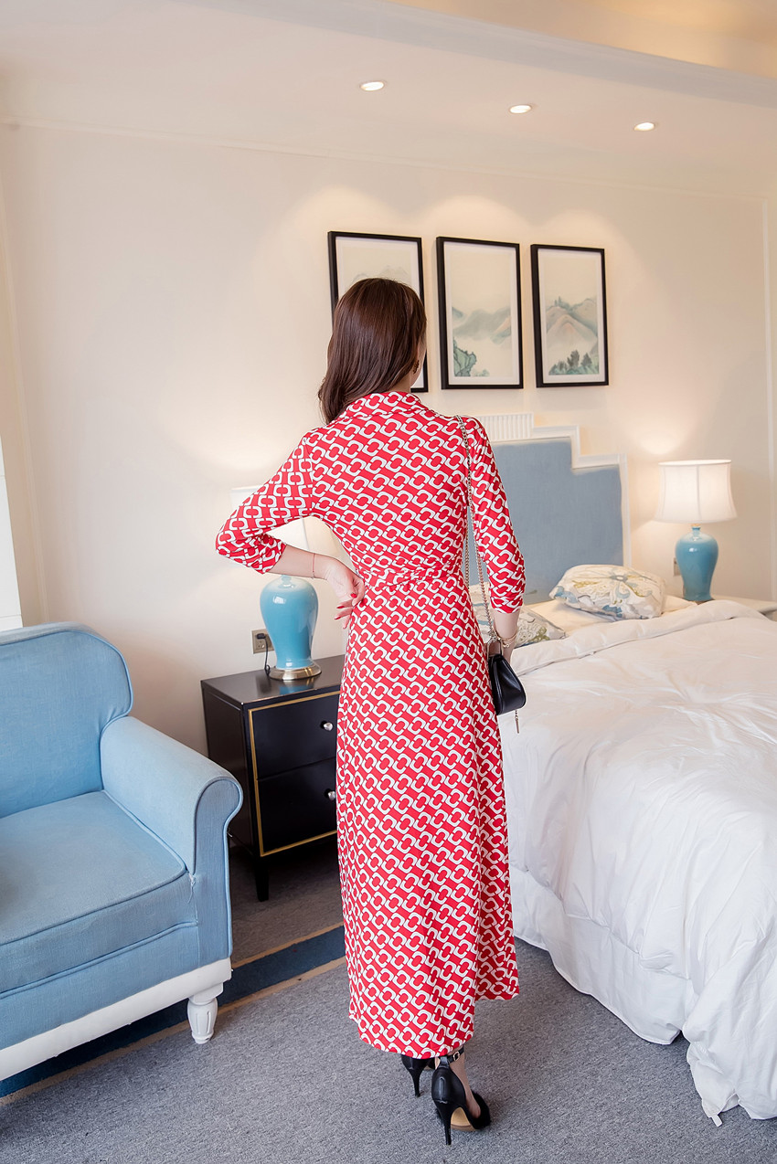 mgfs新款波西米亚碎花系带收腰修身长裙气质