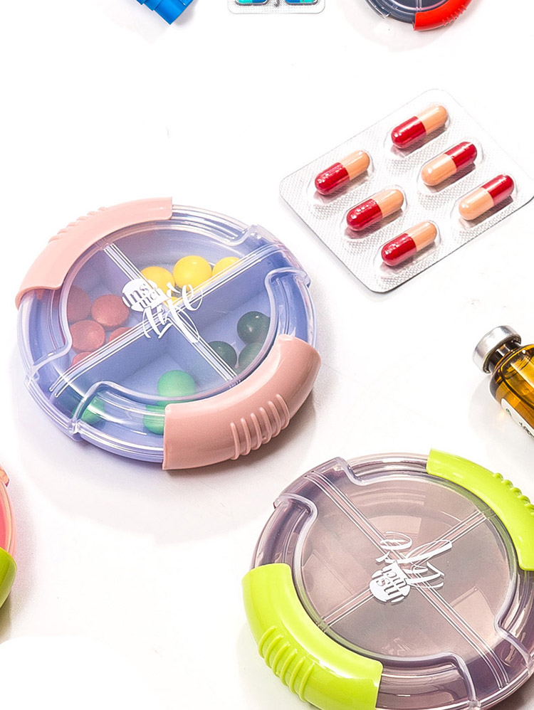 迷你四格小药盒儿童老人药品圆形旋转药片分装盒便携式塑料收纳盒