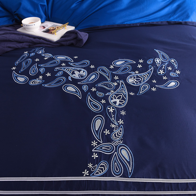 深蓝色鲸鱼刺绣贡缎长绒棉床上全棉被套床单纯棉四件套18m2米床