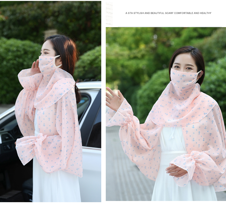 mtiny全方位防护夏季女防晒长手套口罩雪纺女骑行开车护脸胳膊两件套