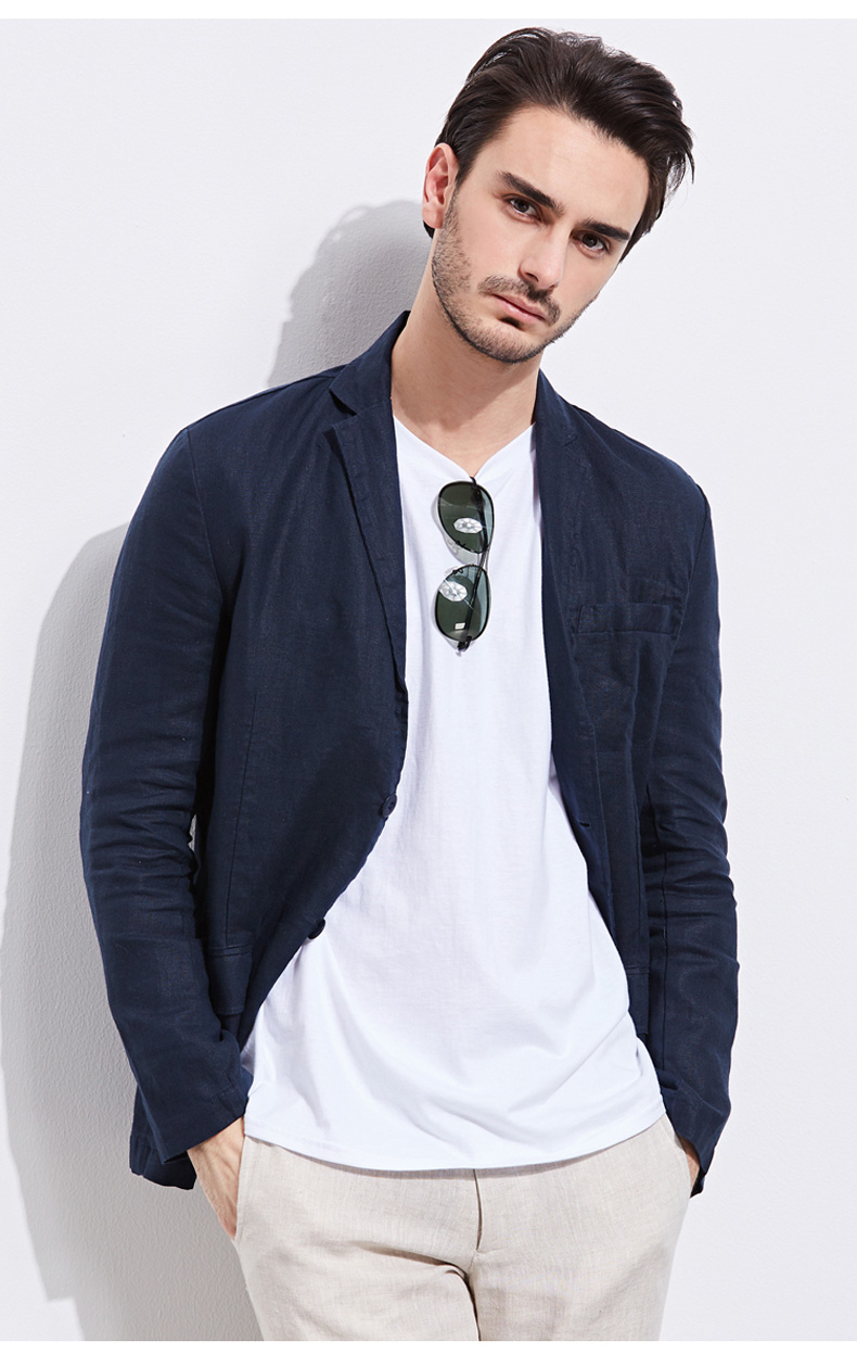 uaisi亚麻西装男商务休闲棉麻西服修身外套男士大码单西服男时尚修身