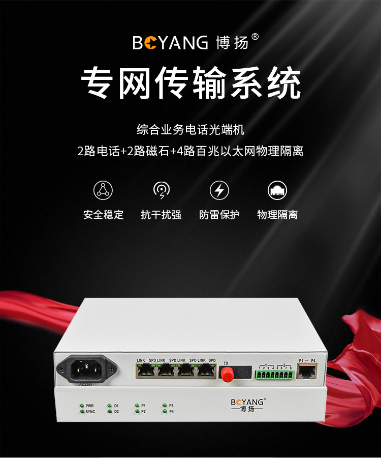 博扬综合业务电话光端机2电话2路磁石4路百兆以太网物理隔离单纤20k
