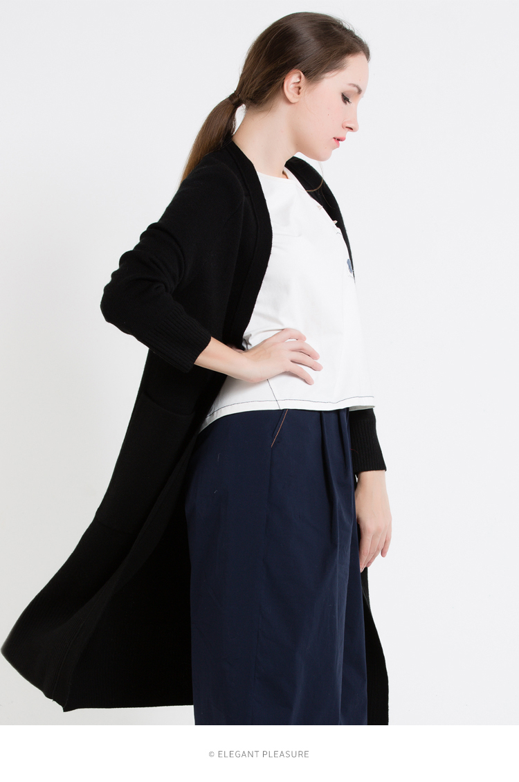 aline阿莱2018春季新款黑色长袖中长款针织开衫直筒宽松外套