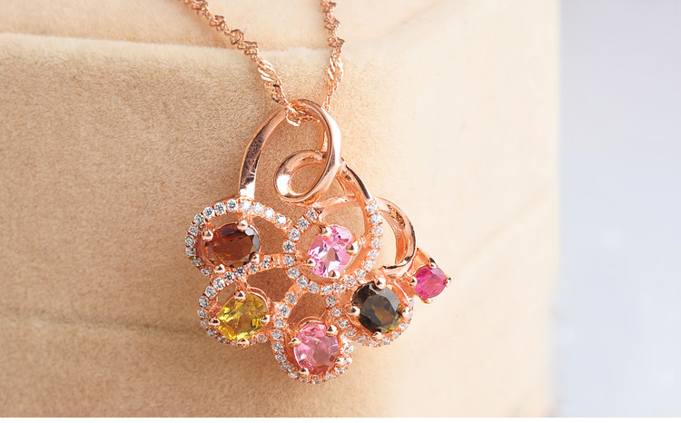 帛兰梓韵天然碧玺吊坠925银镶彩色碧玺吊坠时尚百搭红碧玺项链