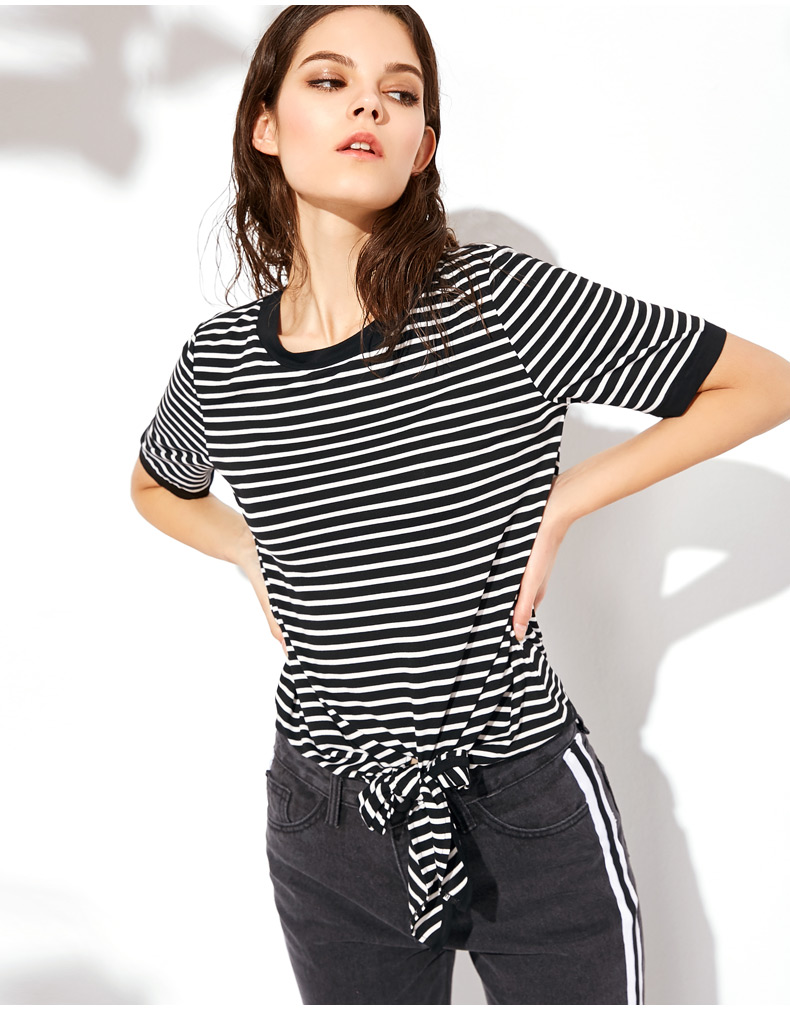 zara kara女士t恤 zara kara黑白条纹短袖t恤女夏圆领宽松打底衫系带