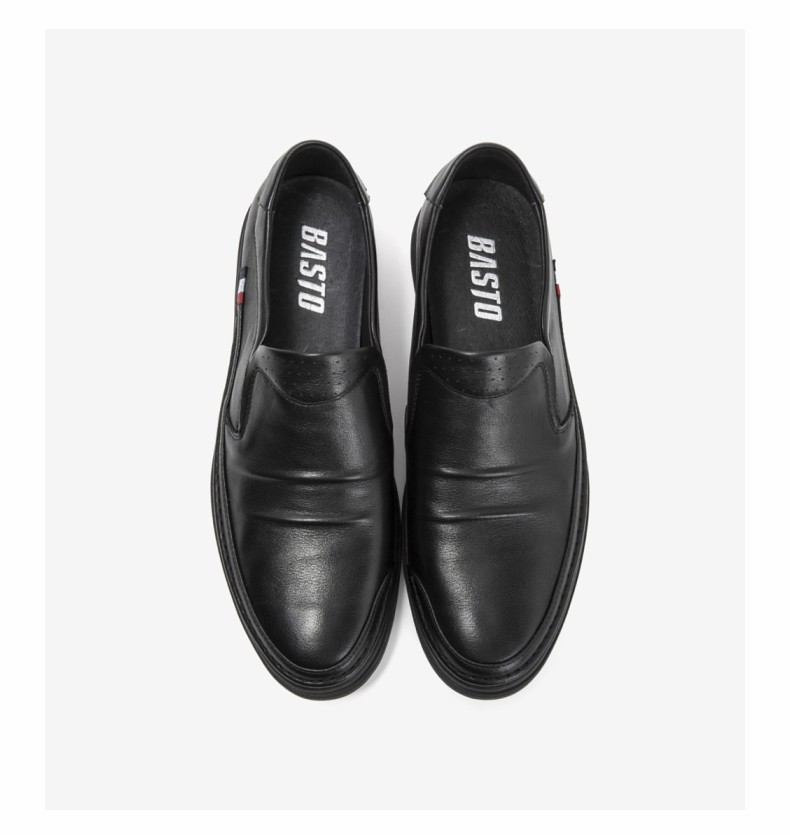 basto/百思图2018秋季专柜同款黑色牛皮革简约纯色套脚男休闲鞋r6112