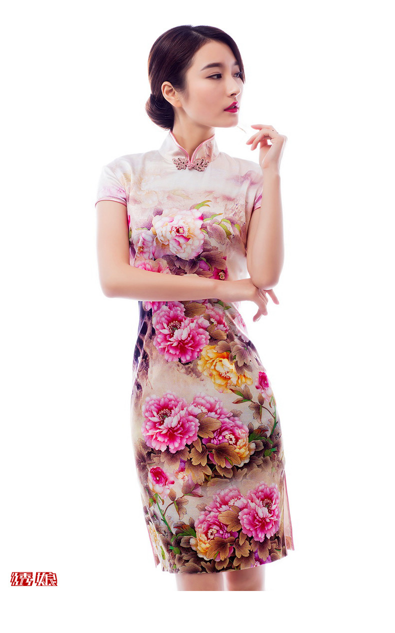 绣娘丝绸绽放牡丹旗袍苏州桑蚕丝旗袍连衣裙日常中国风短款显瘦