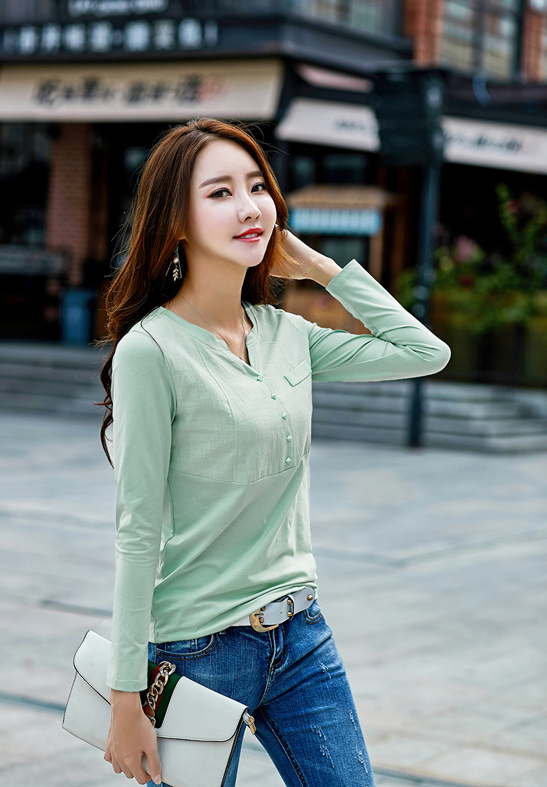 优质全棉嗨girl女装2018夏装新款女士t恤棉麻拼接打底衫长袖t恤女大码