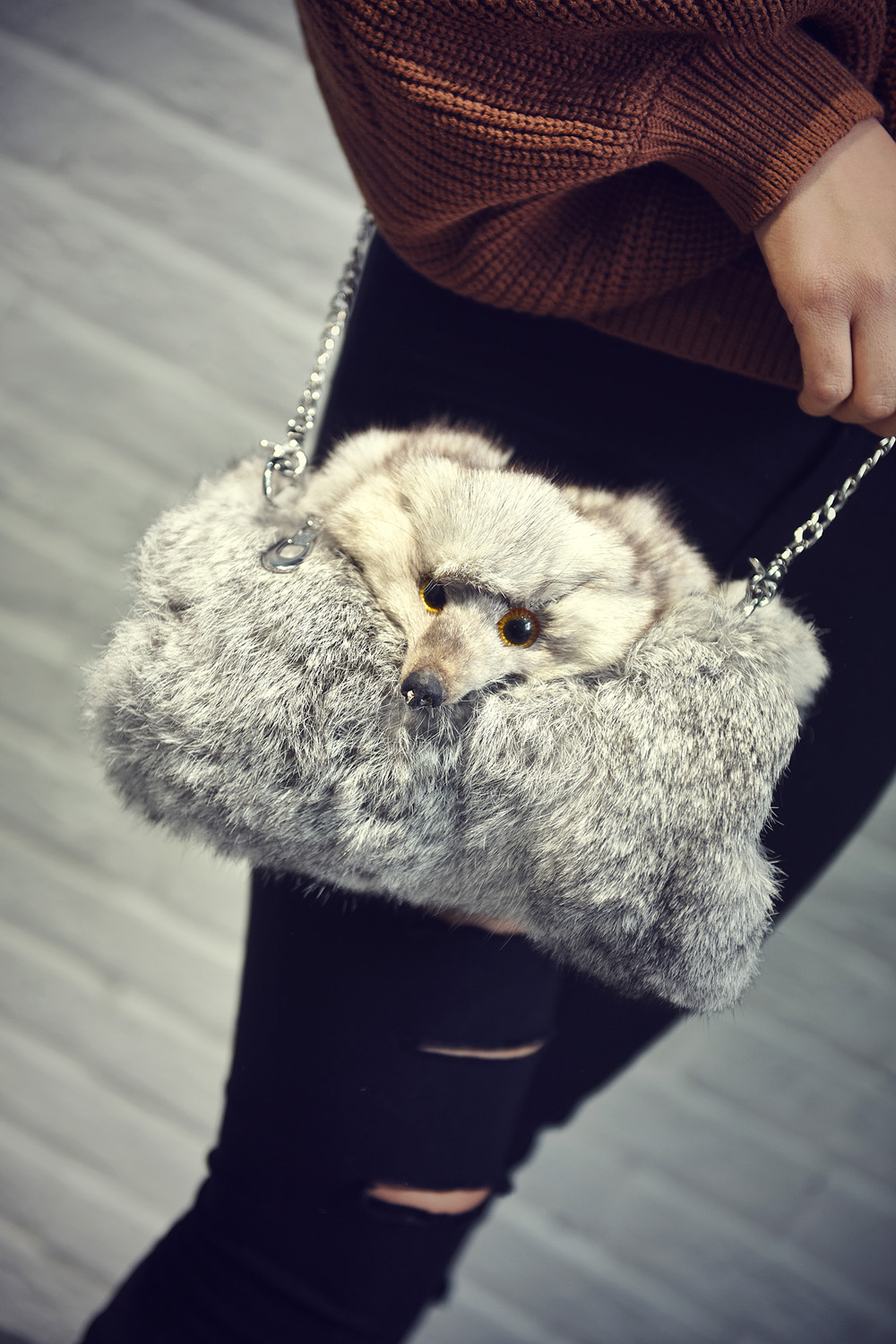 薇姬桑妮冬季新款女包暖手包包毛毛狐狸头斜挎包真兔毛毛包链条单肩包