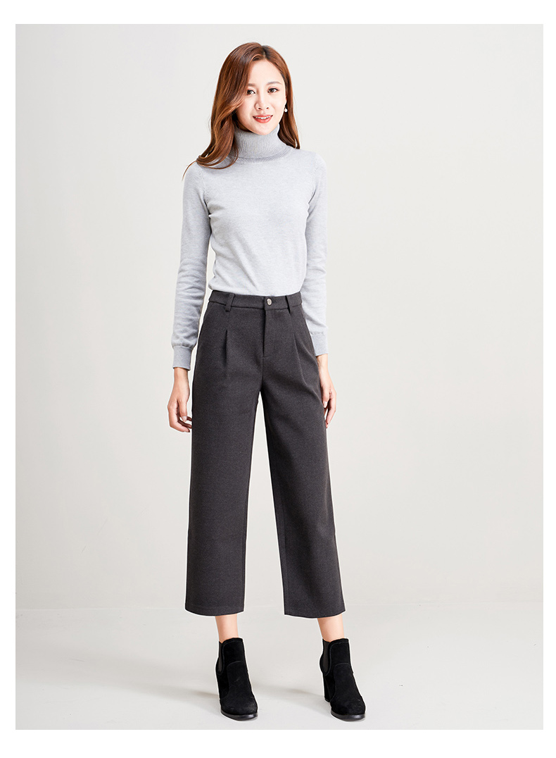 娅丽达女裤仿毛呢阔腿裤女2018秋冬新款黑色休闲宽松直筒九分裤子h