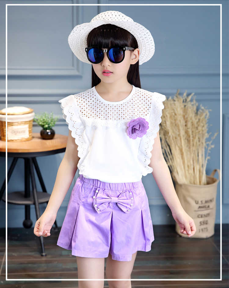 莎丞童装女童夏装套装新款夏季短袖中大童洋气时尚儿童运动两件套59cm