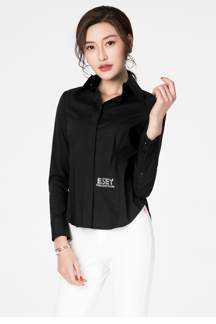 逸阳女裤逸阳春季女装水钻修身显瘦ol职业黑色拼接衬衫上衣女0083