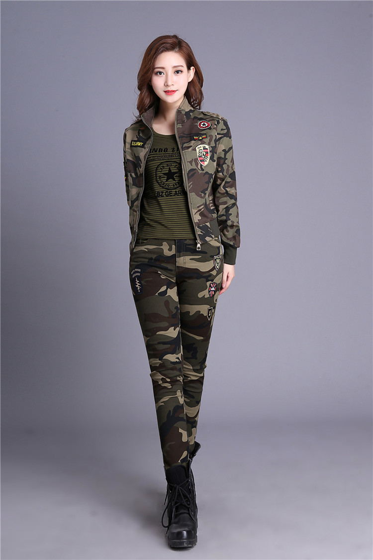 hoscene迷彩服女套装春秋装野战服战术军迷服饰女学生作训三件套
