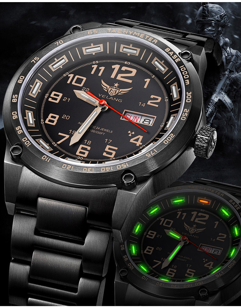野狼军表(yelang)机械表氚气男士手表钢带自发夜光皮带全自动机械钢带