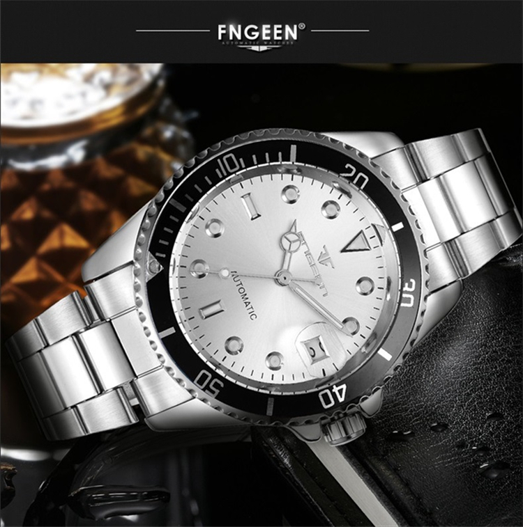 芬尊fngeen夜光水鬼系列男士全自动机械腕表时尚休闲运动精钢带手表