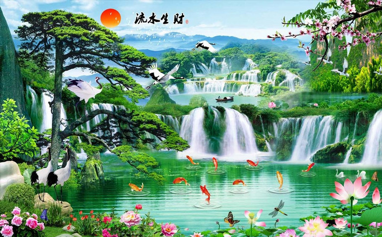 3d立体中式客厅电视背景墙壁纸5d8d山水风景画墙纸壁画布流水生财无缝