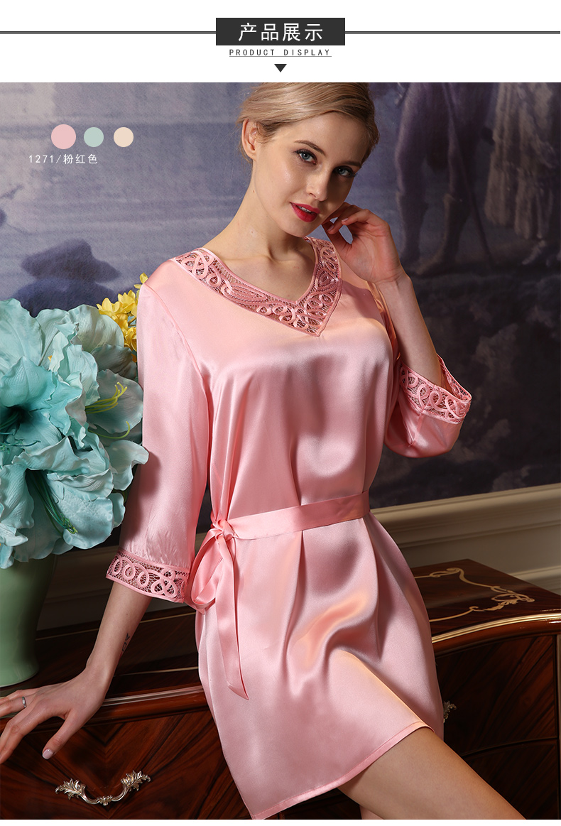 重磅真丝睡裙女100桑蚕丝睡衣舒适中袖收腰丝绸家居服可外穿