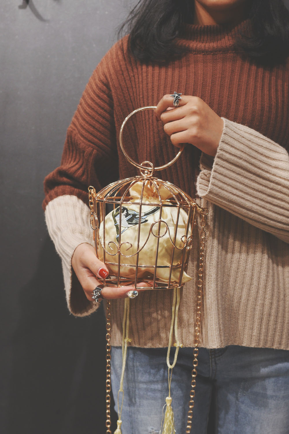 频道 2017时尚个性刺绣钩花金属铁环鸟笼包手提包走秀包鸟笼晚礼服包