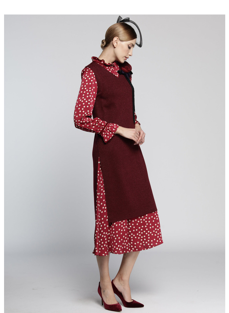 商场同款欧柏兰奴秋冬新款酒红背心修身针织连衣裙女