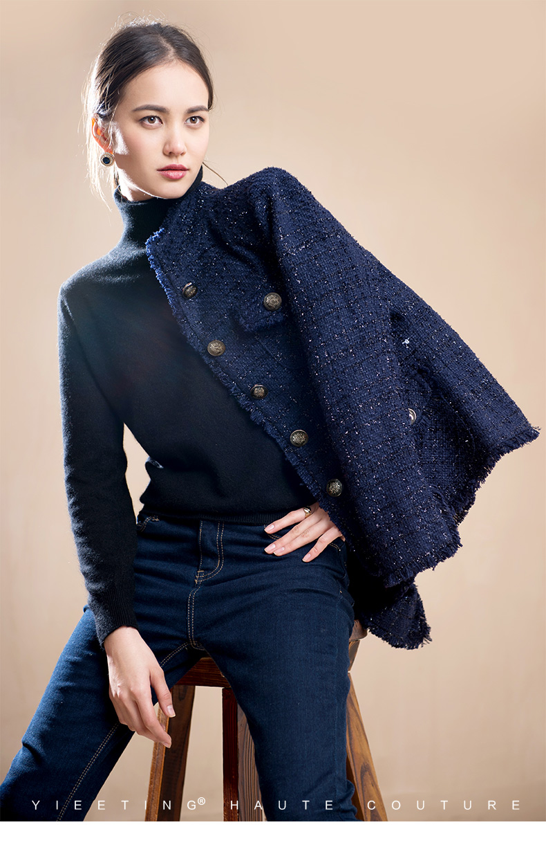 新款式秋装新品小香风外套短款名媛亮丝编织粗花呢百搭藏青色呢短外套