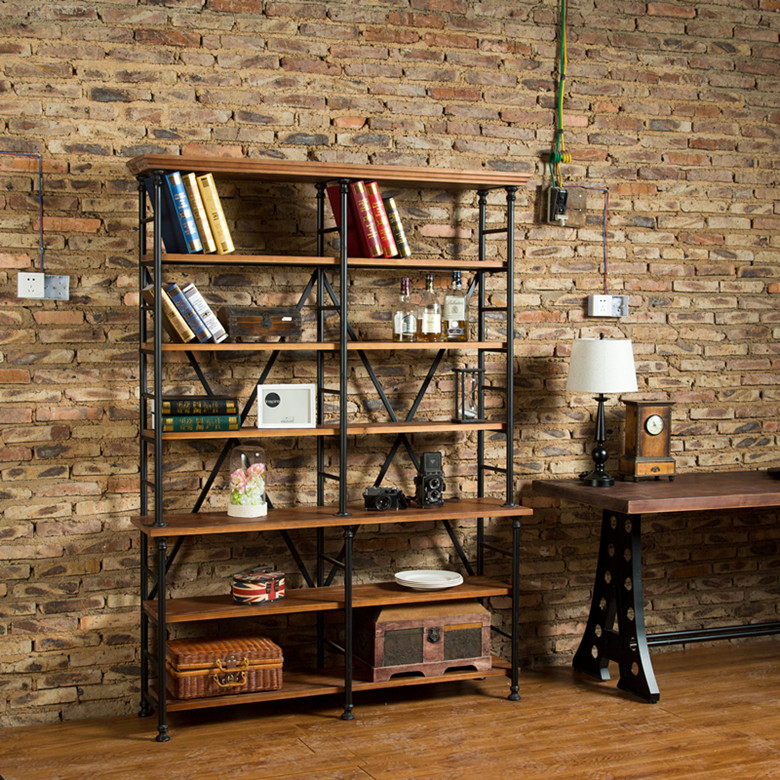 淮木乡村风格铁艺做旧置物架实木餐边柜展示架收纳架复古书架客厅卧室