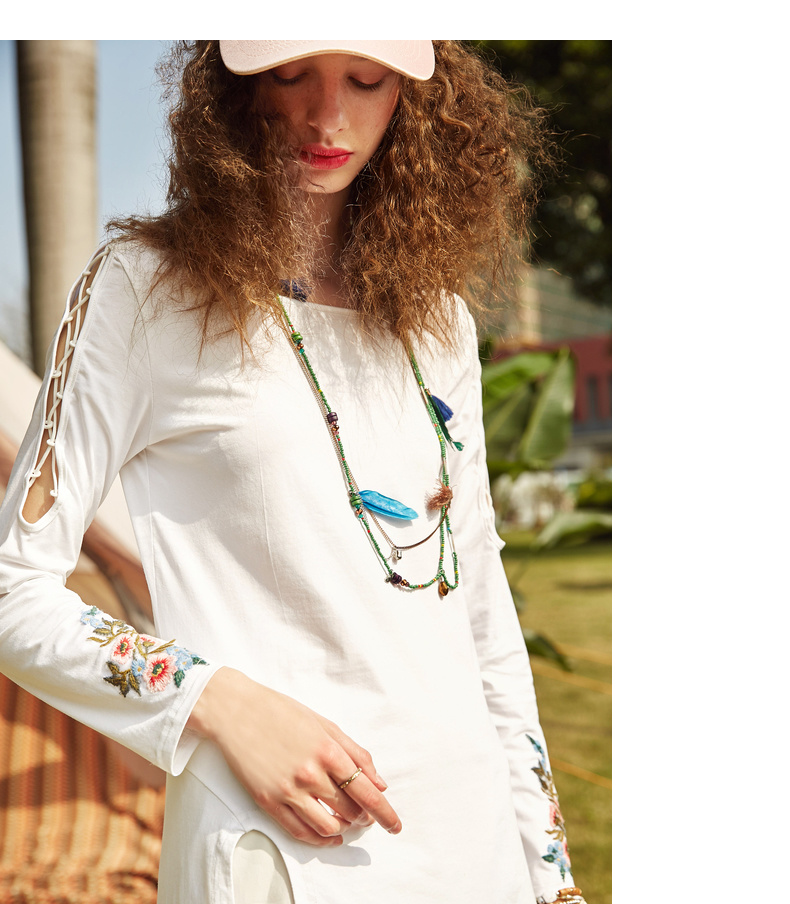 裂帛2019春新款舒适一字领刺绣穿绳舒适百搭文艺风针织长袖t恤女