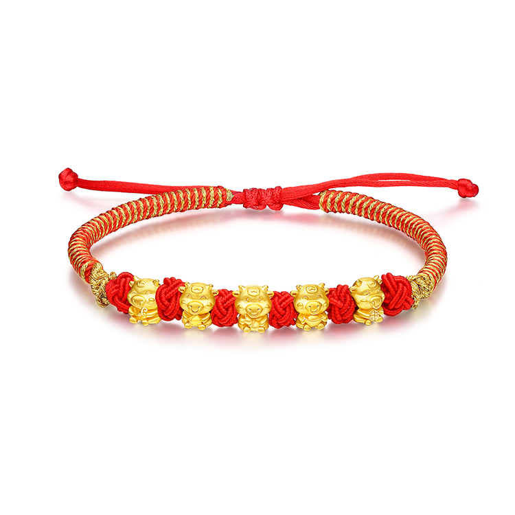 老庙黄金足金3d硬金牛年本命年五福牛红绳手链黄金手链