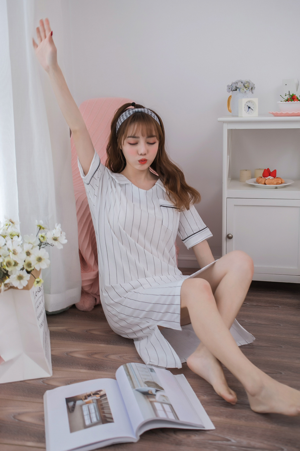 少女短袖夏季条纹v领纯棉可爱长款女学生睡裙长裙家居服