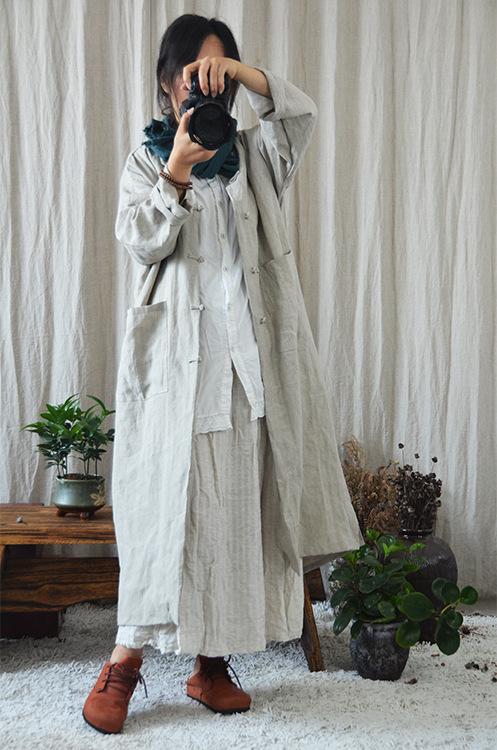 中式禅意文艺加厚苎麻手工盘扣亚麻长袍子长开衫外套风衣
