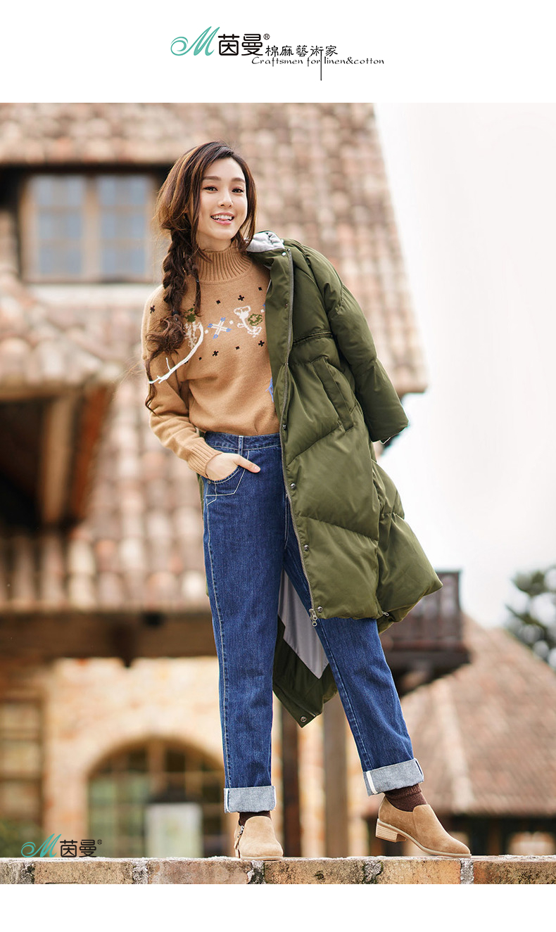 茵曼冬装新款文艺范连帽加厚保暖中长款白鸭绒羽绒服女过膝1874121020