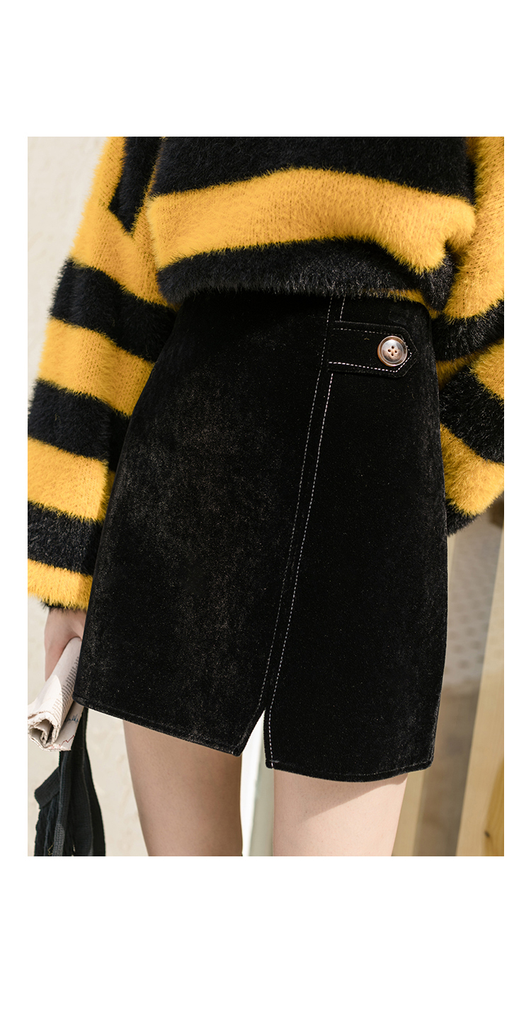 eggka不规则麂皮绒半身裙秋冬女2019新款包臀裙复古高腰a字裙短裙