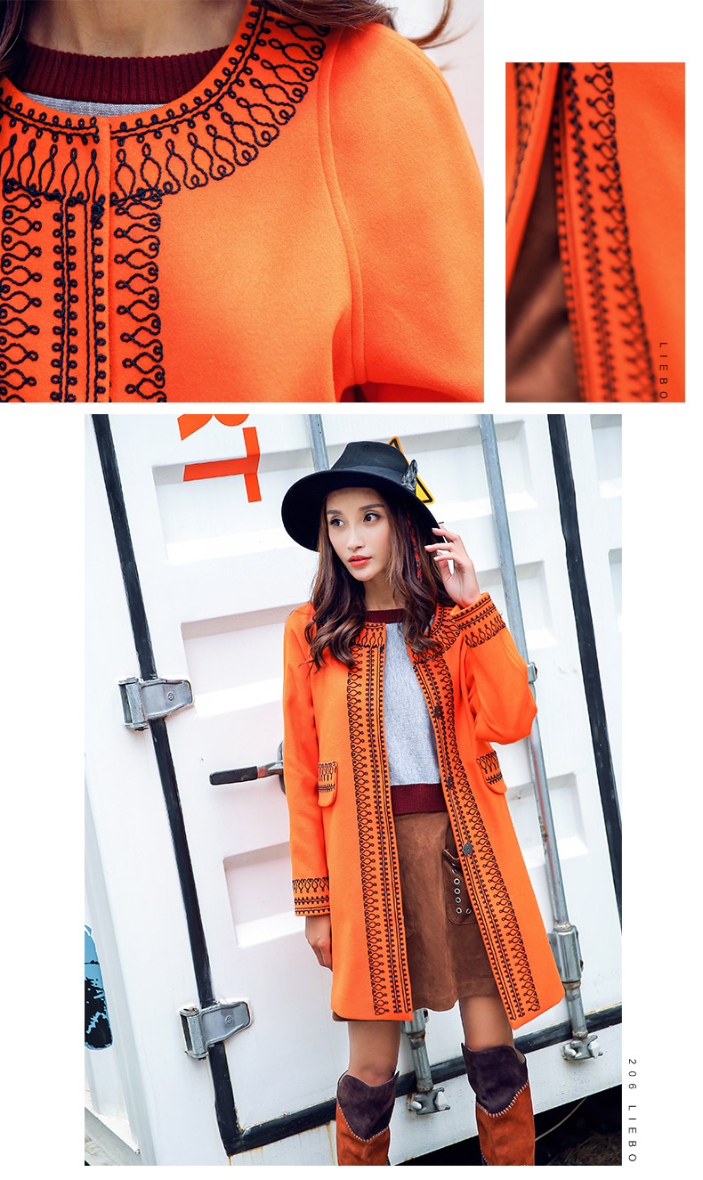 裂帛女装2019夏装新款圆领刺绣单排暗扣大衣直筒中长毛呢外套51160727