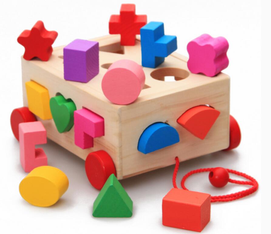 萱宝木玩早教木制玩具十三十五孔拖车智力盒宝宝益智玩具13岁积木盒