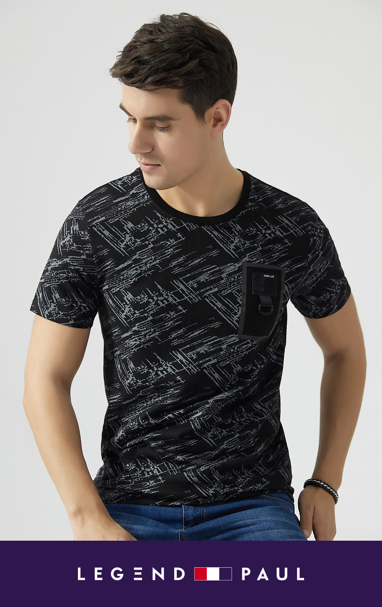 传奇保罗短袖t恤男夏季韩版修身黑色青年潮条纹圆领t恤